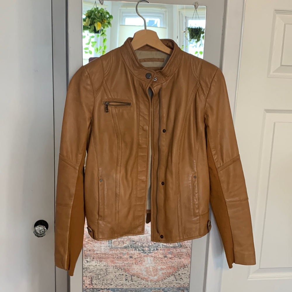 Andrew Marc cognac leather moto jacket